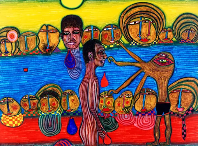 The Meeting in the Deligny Pool; La Rencontre dans la Piscine Deligny. Friedensreich  Hundertwasser (1928-2000). Mixed media, oil and egg tempera on paper mounted on hemp. Signed and dated 1966. 54 x 73cm.