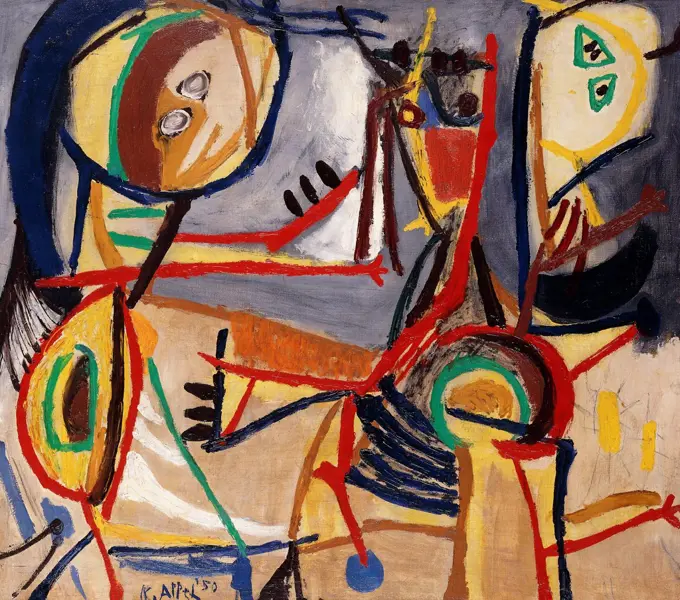 Character and Horses; Personnage et Chevaux. Karel Appel (1921-2006). Oil on canvas. Signed and dated 1950. 88 x 100cm.