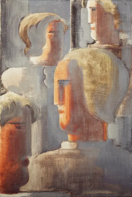 Group of Four Heads Gray Blue, Folkwang-Study III; Vier Kopfergruppe Graublau, Folkwang-Studie III. Oskar Schlemmer (1888-1943). Oil and tempera on canvas. Painted in 1928. 45.4 x 30.5cm.