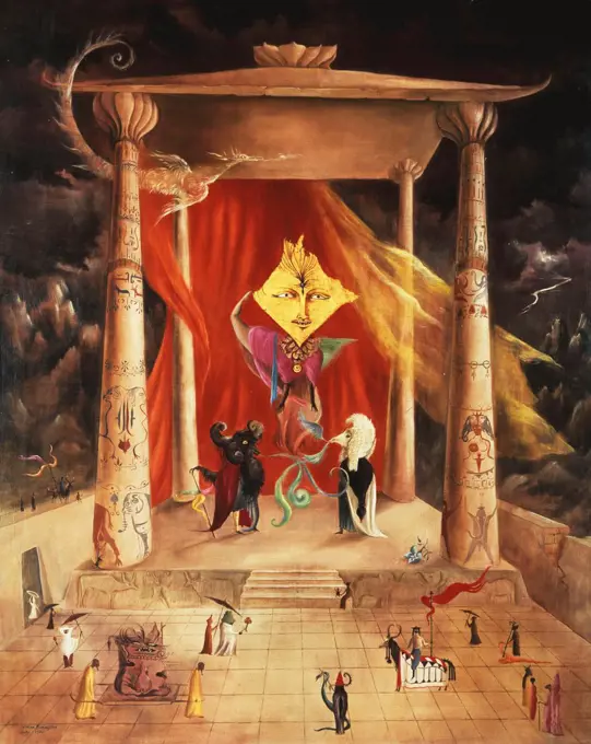 Temple of the Word. Leonora Carrington (1917-2011). Oil and gold leaf on canvas. Painted in 1954. 100 x 80cm.