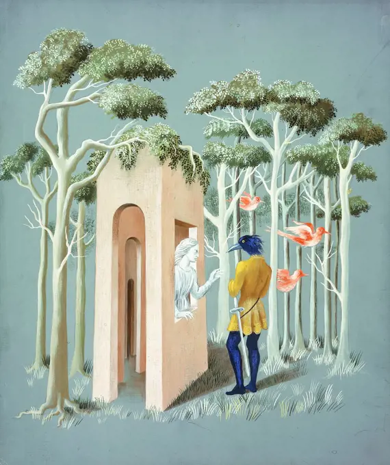 Garden of Love; Jardin D'Amour. Remedios Varo (1908-1963). Gouache on board. Painted circa 1951. 35 x 30cm.