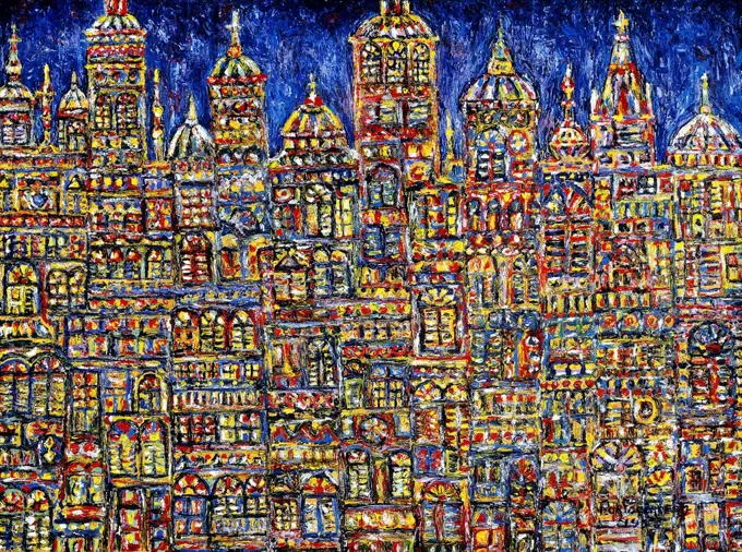 City; Ciudad. Rene Portocarrero (1912-1985). Oil on canvas. Signed and dated 1956. 45.7 x 61.2cm.