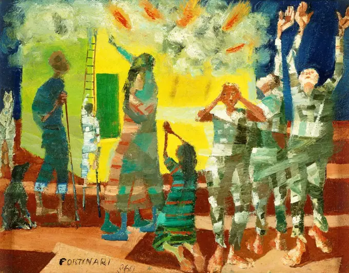 Fire; Incendio. Candido Portinari (1903-1962). Oil on panel. Signed and dated 1960. 17 x 21.5cm.