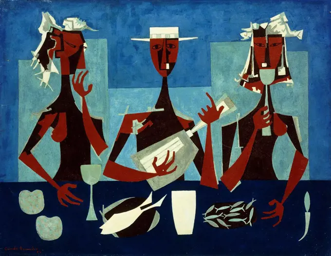 Dinner in the Port; Cena en el Puerto. Cundo Bermudez (1914-2008). Oil on canvas. Signed and dated 1954. 61.3 x 79.5cm.