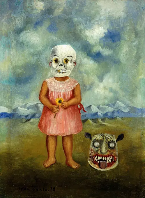 She Plays Alone or Girl with Death Mask; Ella Juega Sola o Nina con Mascara de la Muerte. Frida Kahlo (1910-1954) Oil on tin. Signed and dated 1938. 14.9 x 11cm.