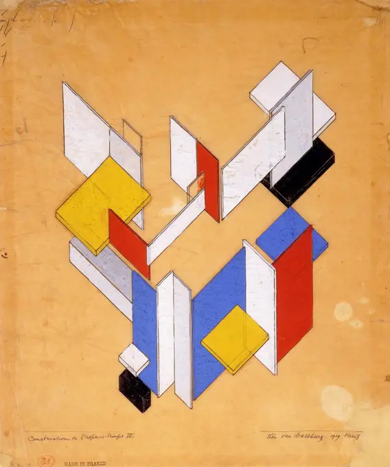 The Construction of Space - Time III; Construction de L'Espace - Temps III. Theo van Doesburg (1883-1931). Gouache, pen and ink and pencil on tracing paper. Painted in 1924. 44.5 x 37.5cm.