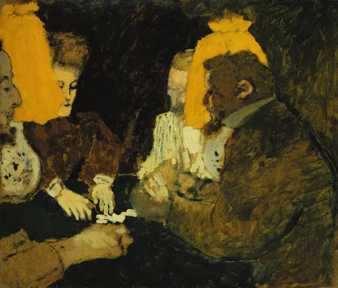 Game of Cards (The Brothers Natanson, Misia and Leon Blum); Jeu de cartes (Les Freres Natanson, Misia et Leon Blum). Edouard Vuillard (1868-1940). Oil on board. Painted circa 1898. 43.2 x 51cm.