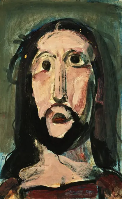 Passion. Georges Rouault (1871-1958). Gouache and black wax crayon on paper attached at the edges to the mount. Signed and dated 1918. 30 x 19cm.