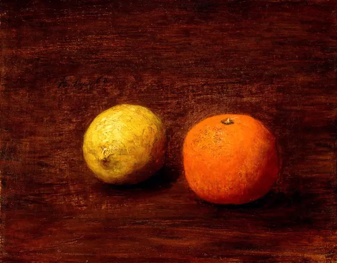 Still-life, Lemon and Orange; Nature Morte, Citron et Orange.  Henri Fantin-Latour (1836-1904). Oil on canvas. Painted in 1868. 12 x 20cm.