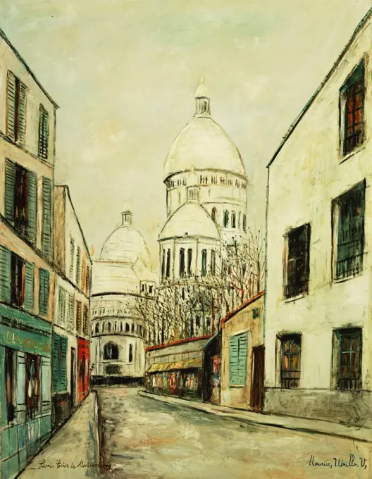 Sacre-Coeur de Montmartre (Rue du Chevalier de la Barre a Montmartre). Maurice Utrillo (1883-1955). Oil on canvas. Painted circa 1935. 116 x 89cm.