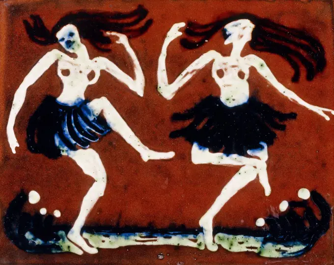 Dancers; Tanzerinnen. Emil Nolde (1867-1956). Glazed ceramic tile. Executed in Flemburg in 1913. 21 x 26.5cm