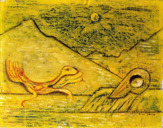 Toad and Snail meet before the Sils Mountains at Maloja; Krote und Schnecke begegnen sich vor den Silser Bergen bei Maloja. Max Ernst (1891-1976). Oil on canvas. Painted circa 1934-1935. 18 x 23.2cm.