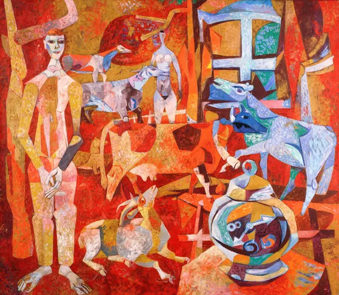 Figure with Animals and an Alarm Clock; Figuren mit Tieren und Wecker. Heinrich Campendonk (1889-1957). Oil on canvas. Painted circa 1951. 70.5 x 81cm