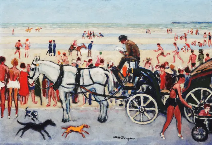 Beach Scene - Deauville; Scene de Plage - Deauville. Kees van Dongen (1877-1968). Oil on canvas. Painted circa 1925. 38 x 55.2cm.