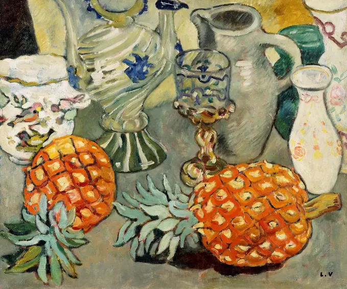 Still Life with Pineapples; Nature Morte a l'Ananas.  Louis Valtat (1869-1952). Oil on canvas. 46.5 x 55cm