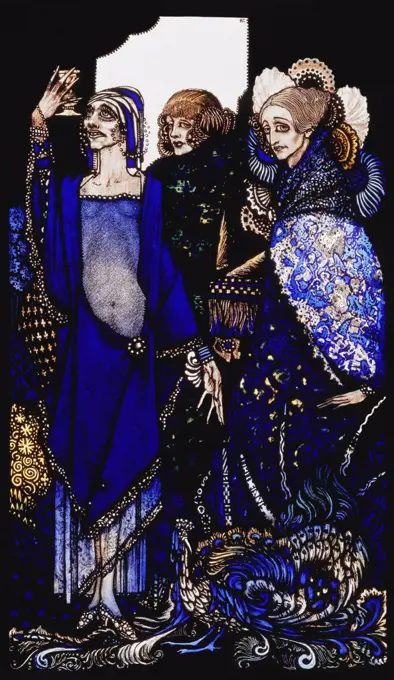 'Queens', nine glass panels acided, stained and painted, Illustrating J.M. Synge's poem, designed and executed by Harry Clarke in 1917. 'Queens who wasted the East by proxy.... Harry Clarke (1889-1931). Painted glass. 30.5 x 18.4cm.