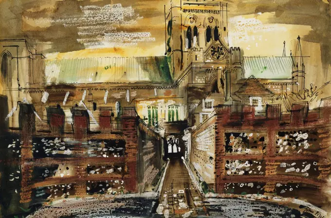 Chichester Cathedral. John Piper (1903-1992). Pencil, pen, brush, black ink, watercolour and bodycolour. 39.5 x 58.5cm.