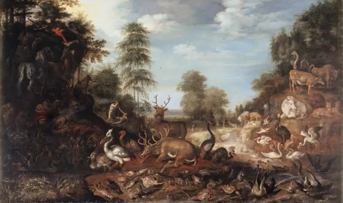 After Fall, Numerous Animals On Rocky River Bank, Story Of Cain & Abel Beyond Savery, Roelandt(1576-1639 Flemish) Oil On Wood Panel Christie's Images, London, England 