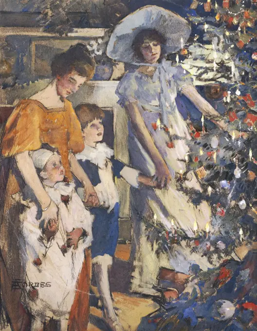 The Christmas Tree. Elizabeth Adela Stanhope Forbes (1859-1912). Black Crayon, Watercolour And Bodycolour. Catalogue No. 2105c.