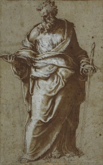 Saint Paul, and a Subsidiary Study of his Head. Giuseppe Porta, Il Salviati (1520-After 1570). Black chalk, pen and brown ink, brown wash heightened with white (partly oxidized), on blue paper, 292 x 175mm.