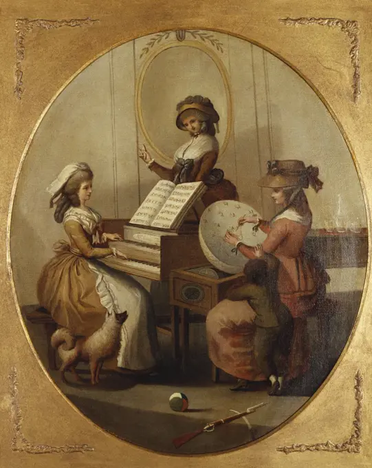 Morning Employments': Three Young Girls by a Spinet, Playing, Conducting and Embroidering. Attr. to Henry William Bunbury (1750-1811). Oil on oval canvas, 47.6 x 40.3cm.