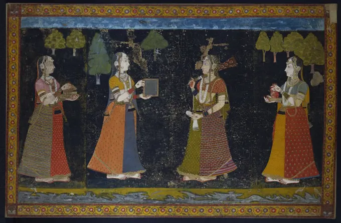 Four ladies bearing gifts. Bikaner, early eighteenth century, 230 x 165cm.