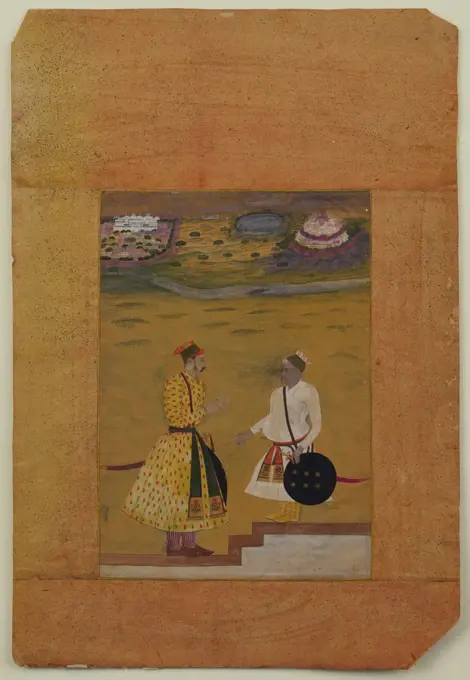 Portraits of two Jhala Rajputs. Probably Kishangarh, 18th century. Yellow rule (trimmed), laid down on silver-sprinkled pink leaf, 25.7 x 18.1cm.