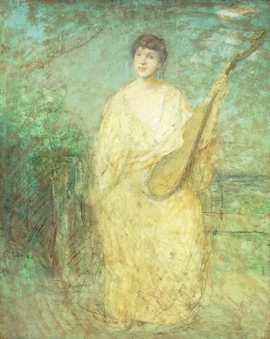 Model with a Lute. Julian Alden Weir (1852-1919). Oil on canvas with oil crayon. 36 x 29in