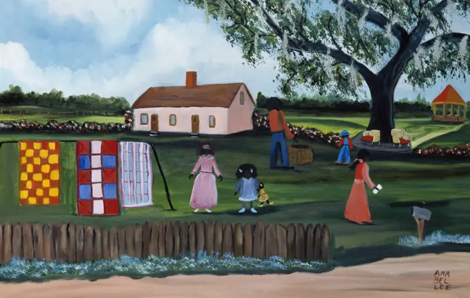 Quilts on the Line 1990 Anna Belle Lee Washington (1924-2000/American) Oil on Canvas