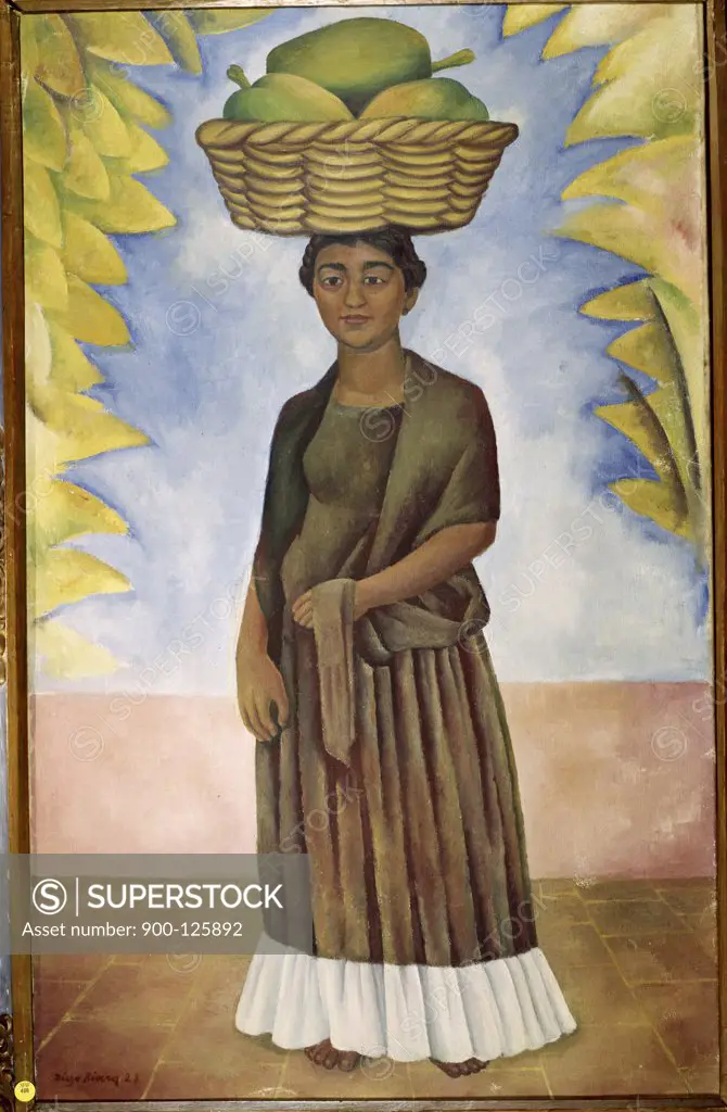 Woman Carrying Basket Of Fruit By Diego Rivera, 1886-1957 - SuperStock