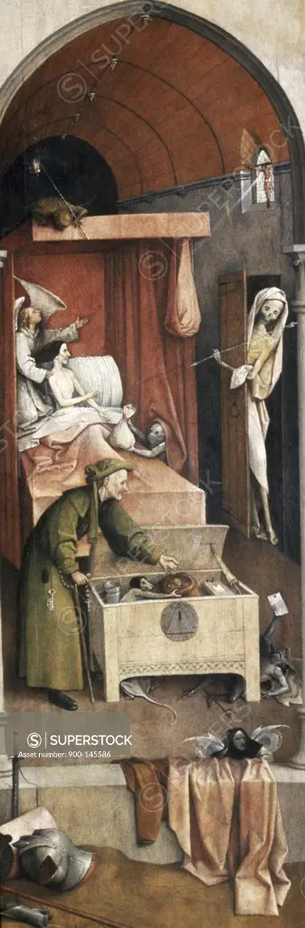 Death and Miser by Hieronymus Bosch, oil on canvas, (ca.1450-1516), USA, Washington D.C., National Gallery of Art, C.1490