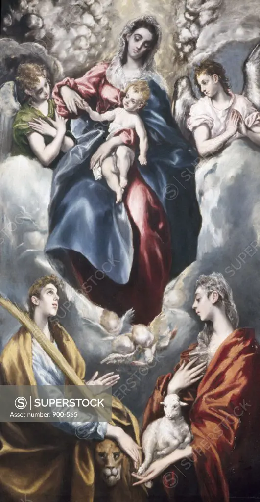 Virgin Mary and Child with St. Agnes and St. Martina by El Greco, oil on canvas, 1597-99, 1541-1614, Spain, Toledo, San Jose Chapel