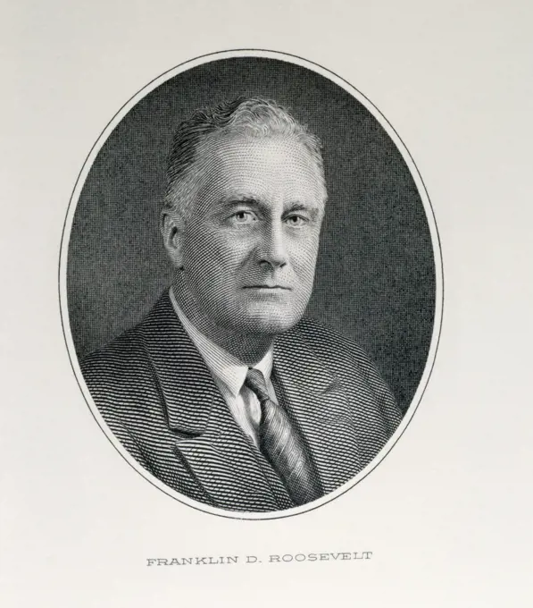 Franklin Roosevelt, thirty second President of United States, engraving, American History, 1940-1949