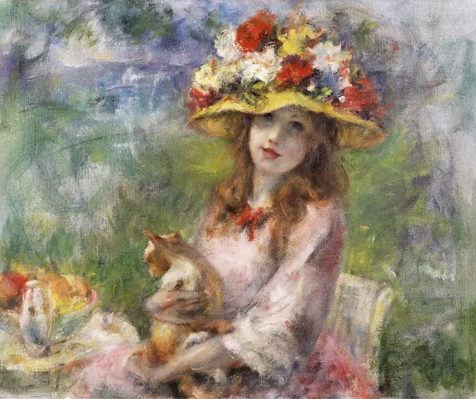 Girl In Flowered Hat by Unknown Artist, Oil On Canvas, 20th Century