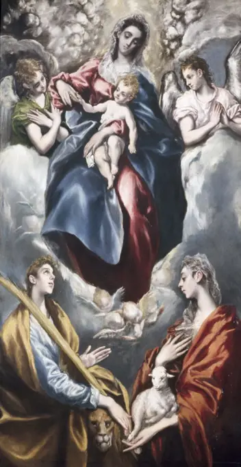 Virgin Mary and Child with St. Agnes and St. Martina by El Greco, oil on canvas, 1597-99, 1541-1614, Spain, Toledo, San Jose Chapel