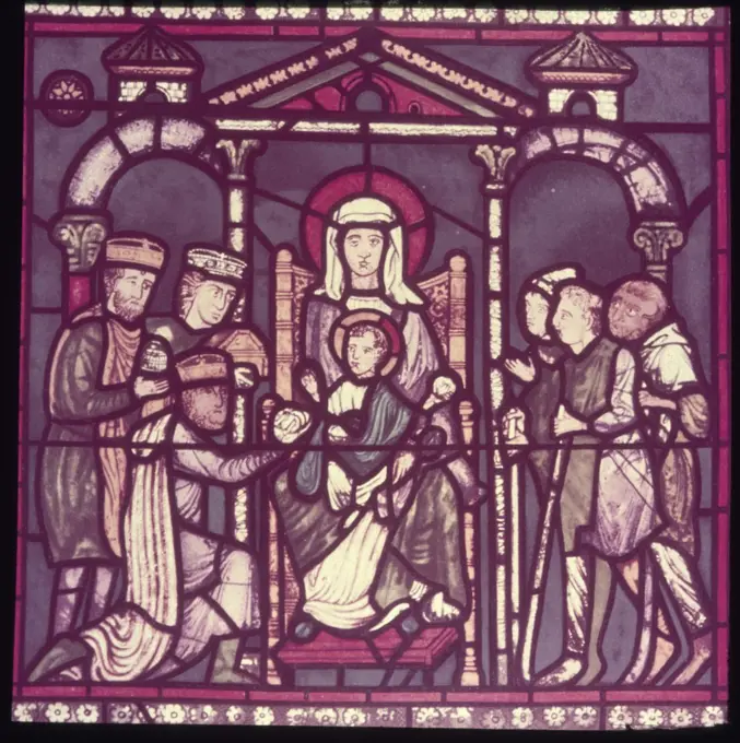 The Nativity,  stained glass window,  France,  Chartres,  Chartres Cathedral,  12th Century