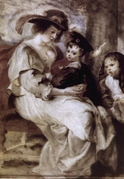 Helene Fourment and Her Children by Peter Paul Rubens, oil on wood, circa 1638, 1577-1640, France, Paris, Musee du Louvre