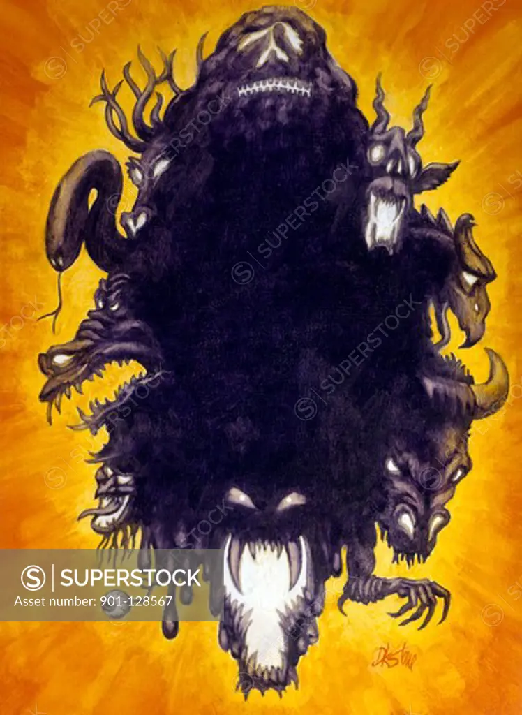 Many-headed monster on yellow background