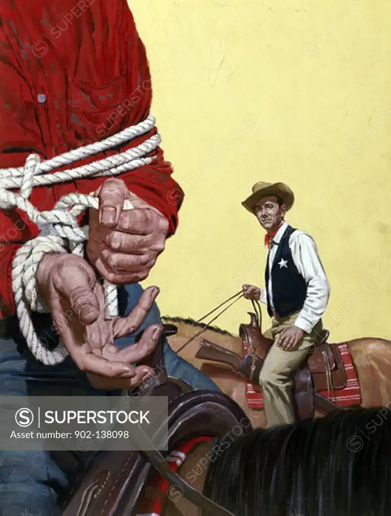 Man tied up with a rope and riding a horse