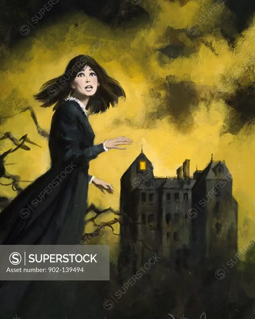 Terrified woman with a castle in the background