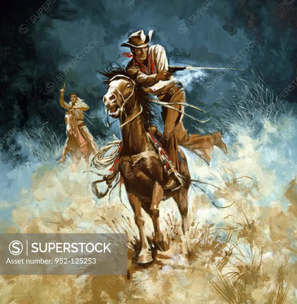 Painting of cowboy riding horse and shooting