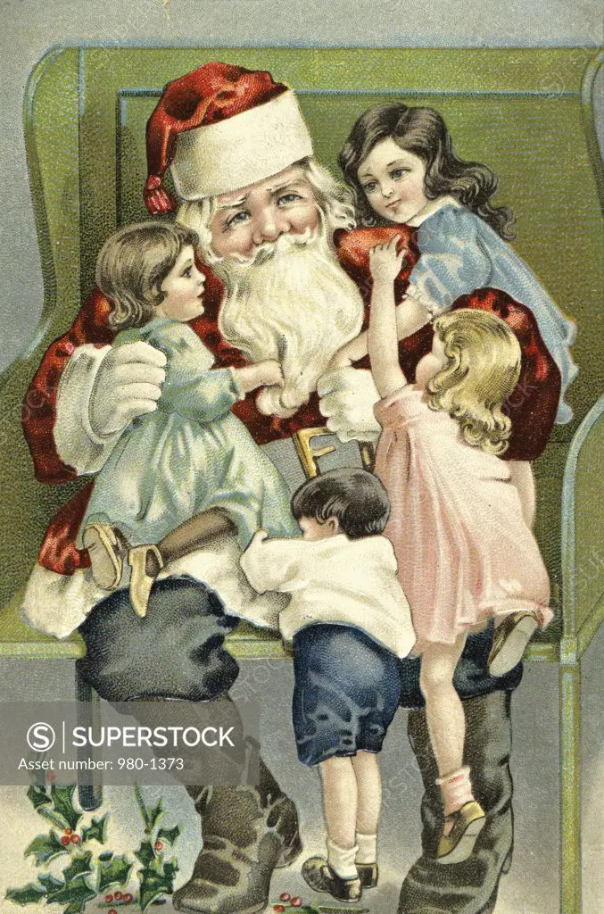 A Merry Christmas--Santa With Children On His Lap Nostalgia Cards 