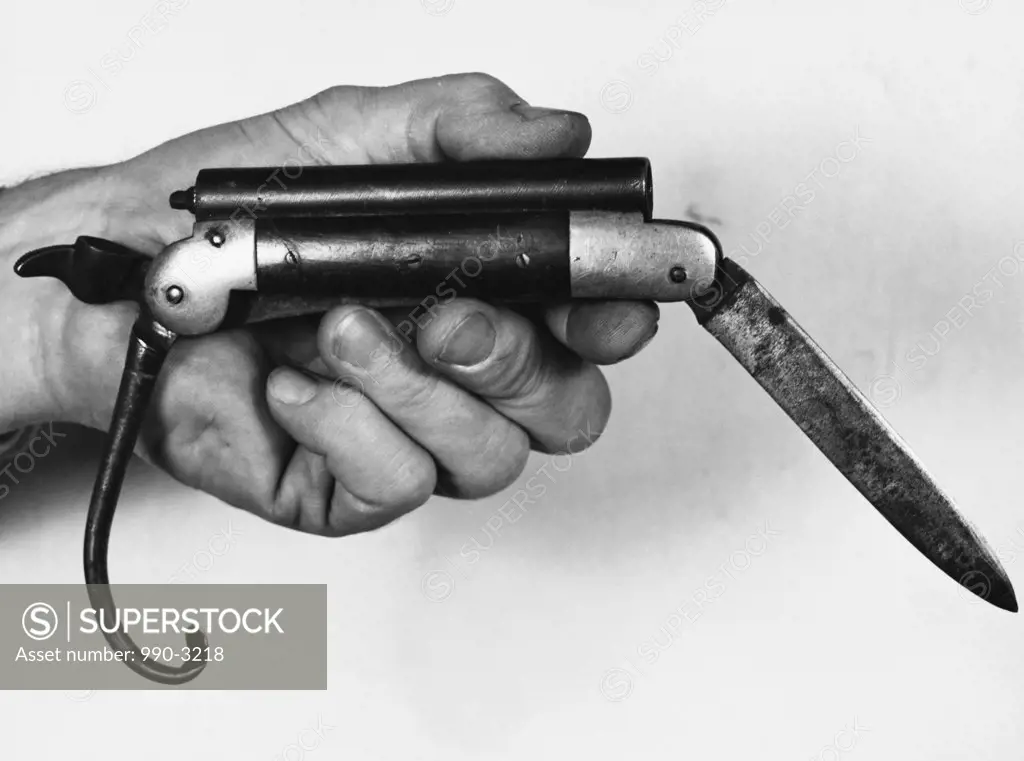 Close-up of a man's hand holding a Knife-Percussion Pistol combination weapon, 1850