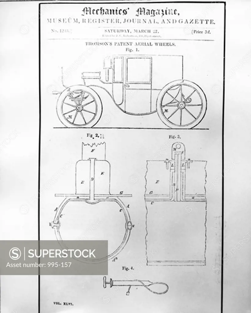 Patent Aerial Wheels, by R.W. Thompson's Brougham Mechancis Magazine, drawing, 1847